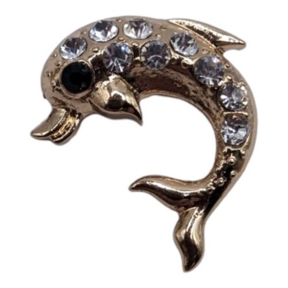 Leaping Jumping Dolphin Gold Toned Rhinestone Fashion Costume Brooch Lapel Pin - Picture 2 of 7